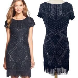 Aidan Mattox Dress Beaded Sequin Mini Fringe Hemline Short Sleeve Navy Womens 8